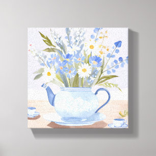 Impressão Em Tela O Chaleira em Flor   Pintura em Aquarela Azul de C