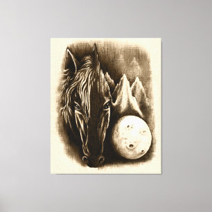 Impressão Em Tela O Lado Escuro - Cavalo Negro Surreal e Lua