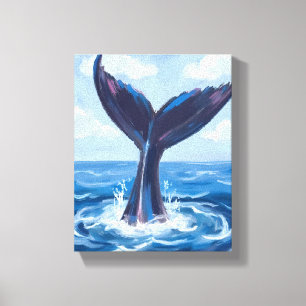 Impressão Em Tela Observação de Baleias   Aquarela Oceano Azul