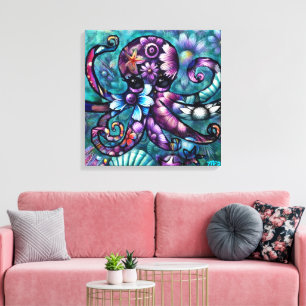 Impressão Em Tela Octopus Floral Teal Roxo Azul Costeira