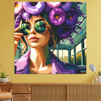 Impressão Em Tela Óculos de Sol Florais Roxos Mulher Boho Retrato