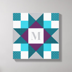 Impressão Em Tela Ohio Star Quilt Block em Teal, Cinza, Roxo, Branco
