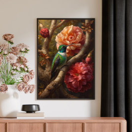 Impressão Em Tela Óleo sobre tela de Beija-flor Verde Floral Naturez