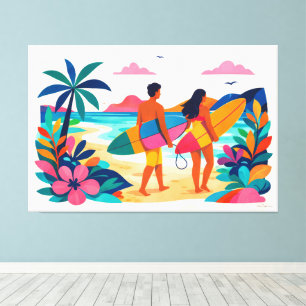 Impressão Em Tela Onda de surf tropical retrô moderno 01