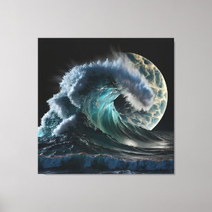Impressão Em Tela Onda de tsunami no brilho da lua.