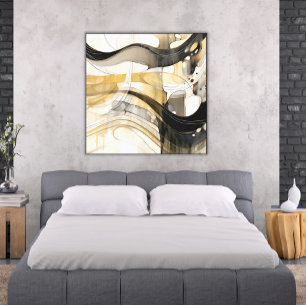 Impressão Em Tela Ondas abstrato de Fluxo em Branco Dourado Preto