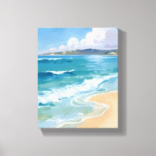 Impressão Em Tela Ondas de Aquarela do Oceano Pintura Costeira Azul