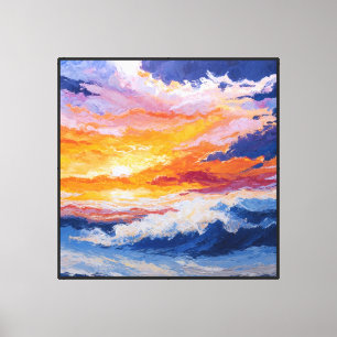 Impressão Em Tela Ondas do Oceano ao Pôr do Sol com Céu Ardente Arte