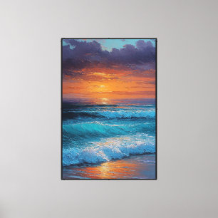 Impressão Em Tela Ondas do Oceano ao Pôr do Sol com Céu Roxo – Pared