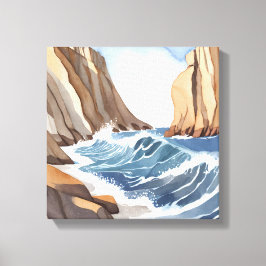 Impressão Em Tela Ondas do Oceano Batendo | Aquarela de Praia Costei