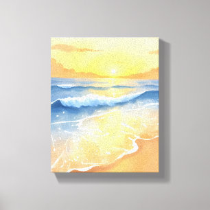 Impressão Em Tela Ondas do Oceano Pôr do Sol   Aquarela de Praia