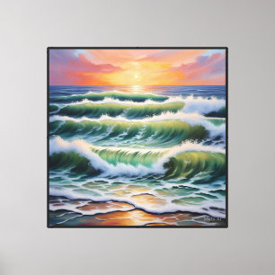 Impressão Em Tela Ondas do Pôr do Sol no Oceano com Reflexos Dourado