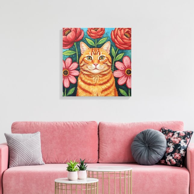 Impressão Em Tela Orange Cat Folk Art Flowers (Insitu(Sala de estar))
