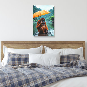 Impressão Em Tela Orangotango com Guarda-chuva Laranja