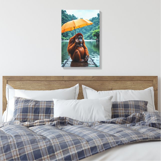 Impressão Em Tela Orangotango com Guarda-chuva Laranja (Insitu(Quarto))