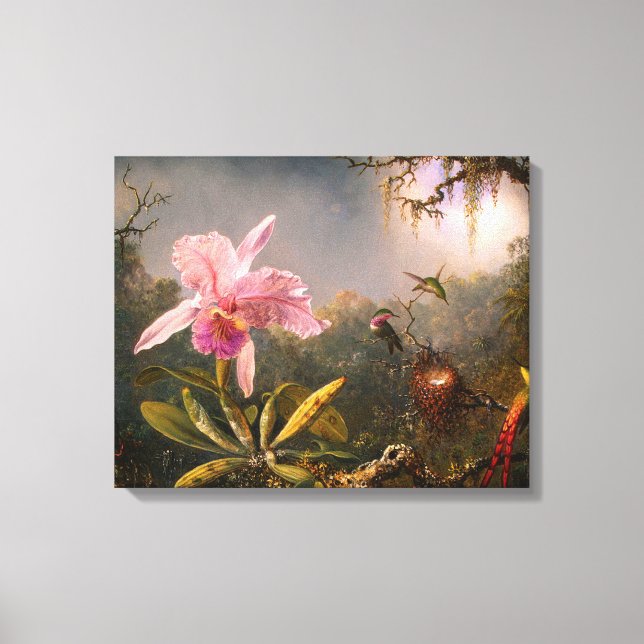 Impressão Em Tela Orquídea rosa e três aves (Frente)