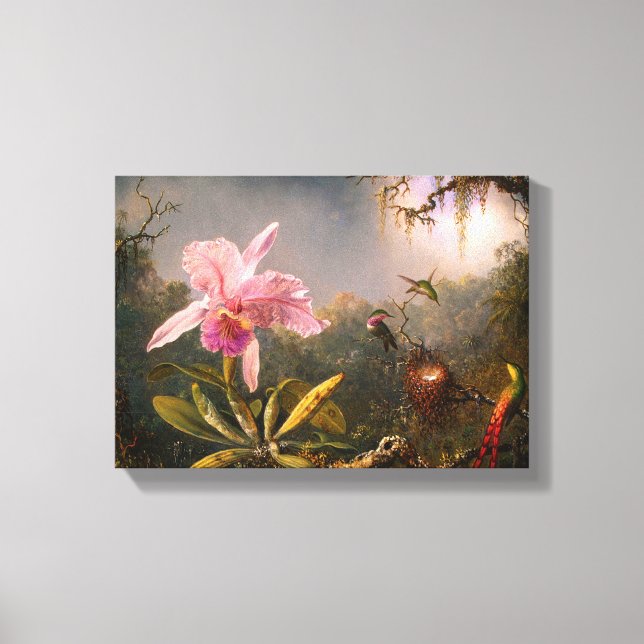 Impressão Em Tela Orquídea rosa e três aves (Frente)