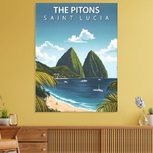 Impressão Em Tela Os Pitons – Cartaz de Viagem Antigo de Santa Lúcia