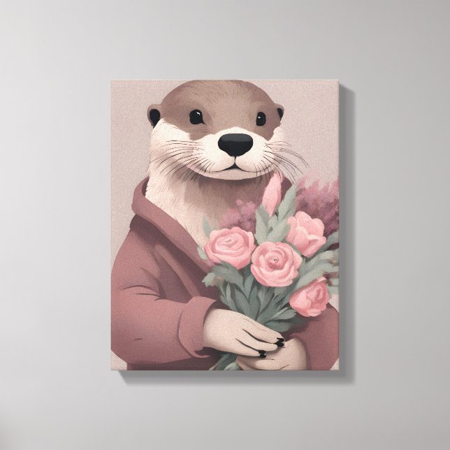 Impressão Em Tela Otter Adorável Com Flores (Frente)