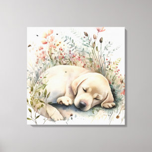 Impressão Em Tela Ouro de aquarela Labrador Retriever e Flores
