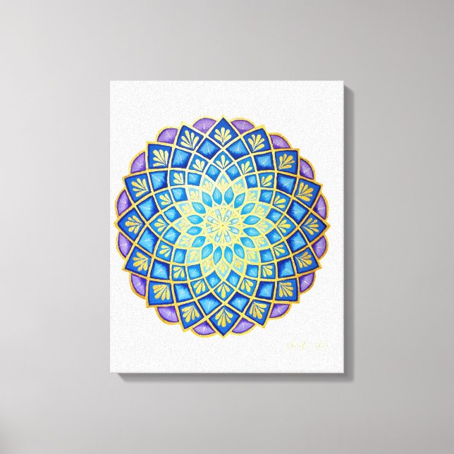 Impressão Em Tela Ouro Flor Azul Roxo Mandala (Frente)