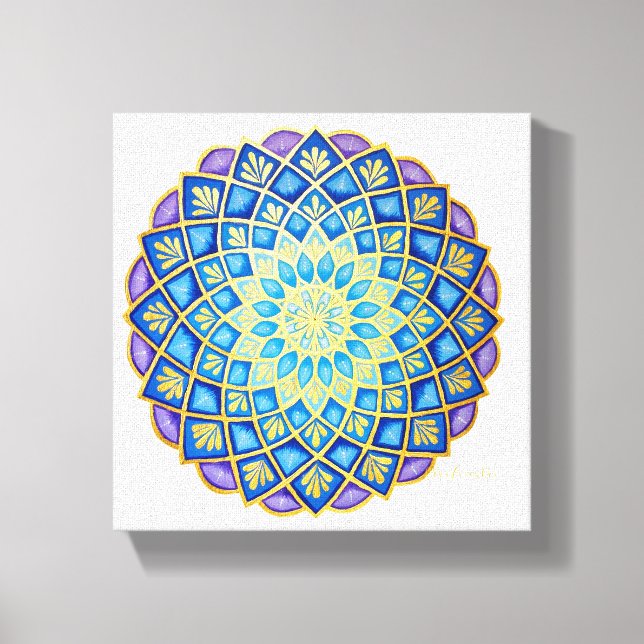 Impressão Em Tela Ouro Flor Azul Roxo Mandala (Frente)