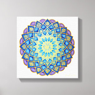 Impressão Em Tela Ouro Flor Azul Roxo Mandala