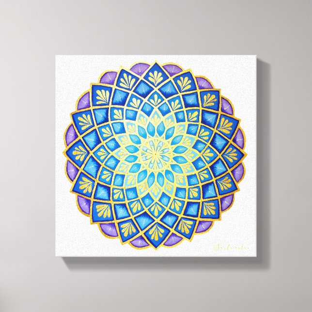 Impressão Em Tela Ouro Flor Azul Roxo Mandala (Frente)
