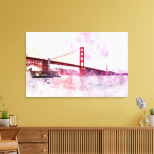 Impressão Em Tela Ouro Gate Bridge aquarela em São Francisco