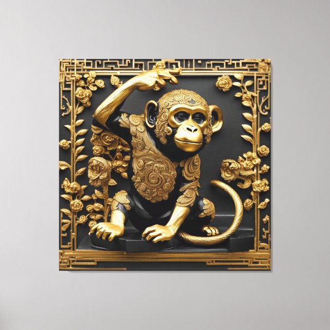 Impressão Em Tela Ouro macaco e quadro ornamental negro (Frente)