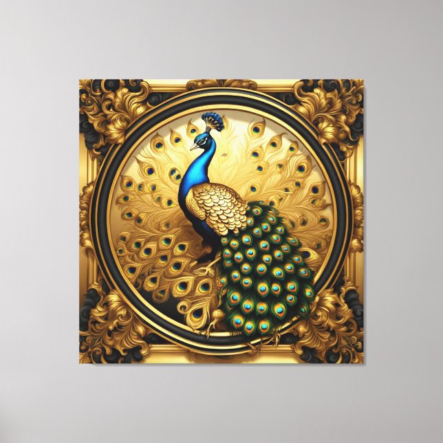 Impressão Em Tela Ouro pavão e quadro ornamental negro (Frente)