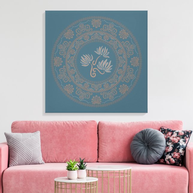 Impressão Em Tela Ouro Personalizado Teal Rococo Lotus Dot Mandala (Insitu(Sala de estar))