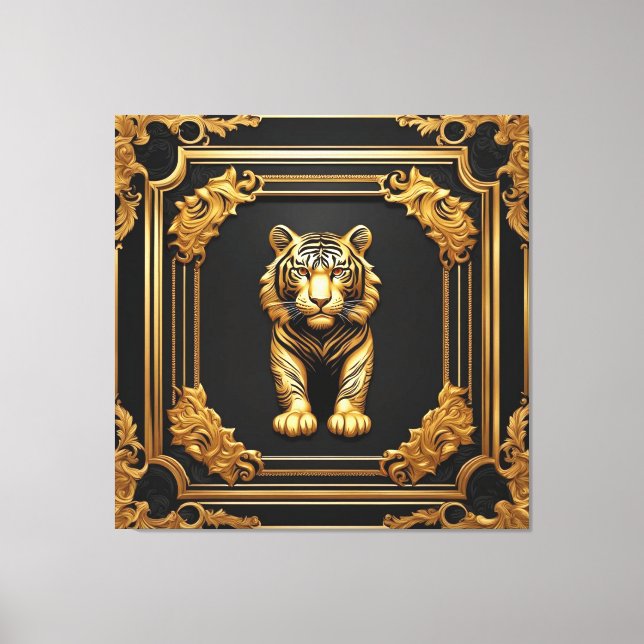Impressão Em Tela Ouro tigre e quadro decorativo preto (Frente)