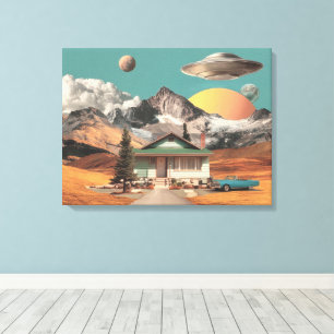 Impressão Em Tela OVNI Surrealista Sobre Casa Rústica