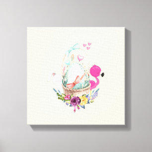 Impressão Em Tela Ovo Bonito, Flamingo Rosa E Coelhinho, Aquarela