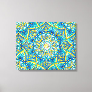 Impressão Em Tela Padrão Amarelo de Mandala azul turquesa