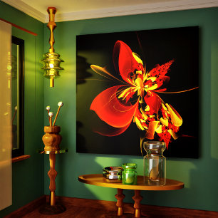 Impressão Em Tela Padrão de Arte Abstrata Floral Amarelo Vermelho Mo