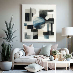 Impressão Em Tela Padrão de Arte Abstrata Preto Bege Azul Cinza Escu