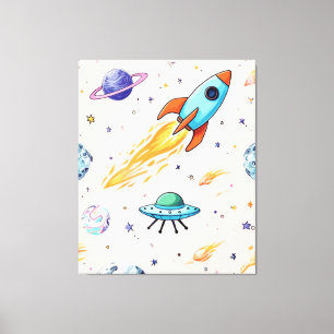 Impressão Em Tela Padrão de Espaço do Rocket e OFO   Planetas, Estre