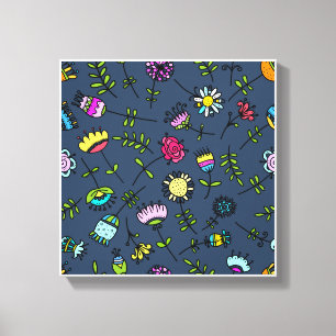 Impressão Em Tela Padrão de Flor de Doodle Colorido em Azul Escuro