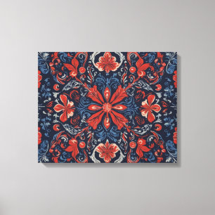 Impressão Em Tela padrão de flores e folhas vermelho-azul