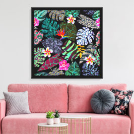 Impressão Em Tela Padrão de Folhas e Flores Tropicais Vibrantes