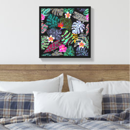 Impressão Em Tela Padrão de Folhas e Flores Tropicais Vibrantes
