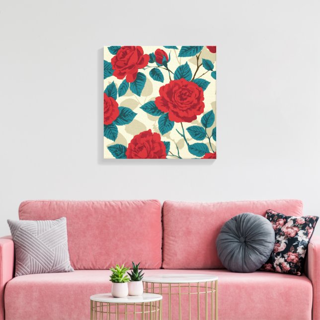 Impressão Em Tela Padrão de Jardim rosa vermelha - Arte Floral Vinta (Insitu(Sala de estar))