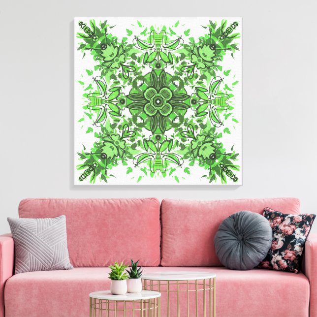 Impressão Em Tela Padrão Floral Abstrato em Preto e Verde sobre Bran (Insitu(Sala de estar))