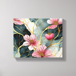 Impressão Em Tela Padrão Floral Japonês, Rosa Com Dourado