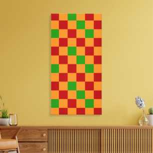 Impressão Em Tela Padrão Xadrez Vermelho Laranja Verde Design 