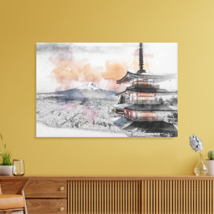 Impressão Em Tela Pagode Japonesa em Aquarela & Mt. Fuji