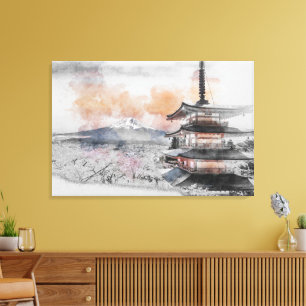 Impressão Em Tela Pagode Japonesa em Aquarela & Mt. Fuji