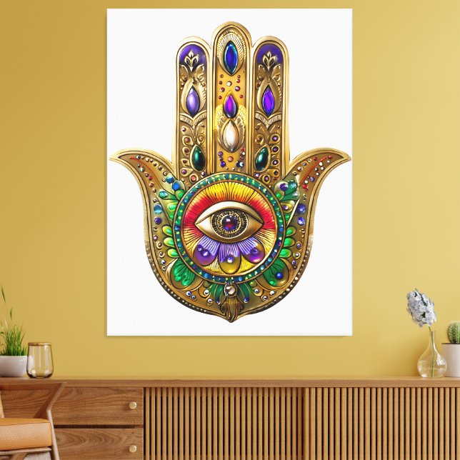 Impressão Em Tela Painted Gold Hamsa Amethyst Ruby Third Eye (Insitu(Sala de estar))